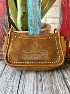 Women's Tan Suede Leather Whipstitch Crossbody Purse