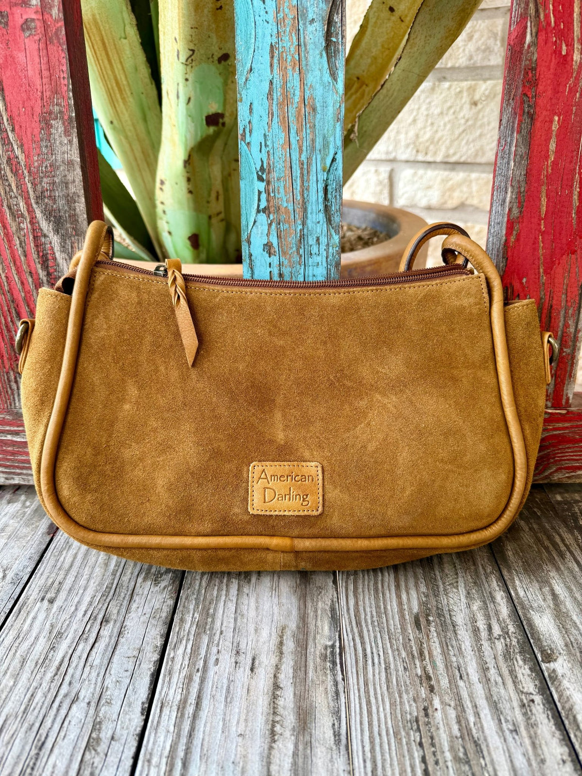 Women's Tan Suede Leather Whipstitch Crossbody Purse