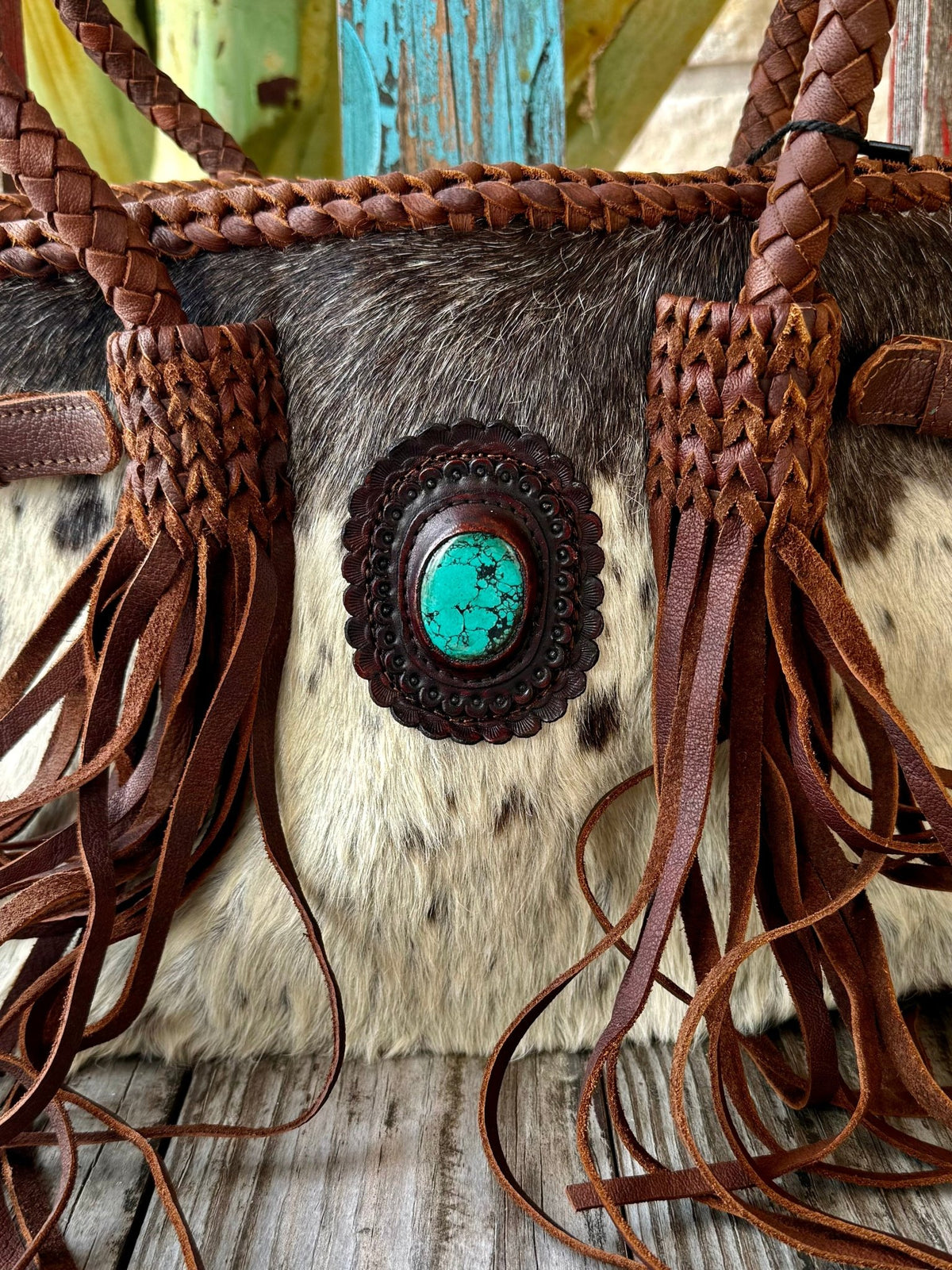 Women's Speckled Hair-On Hide Fringe Tote with Turquoise Concho