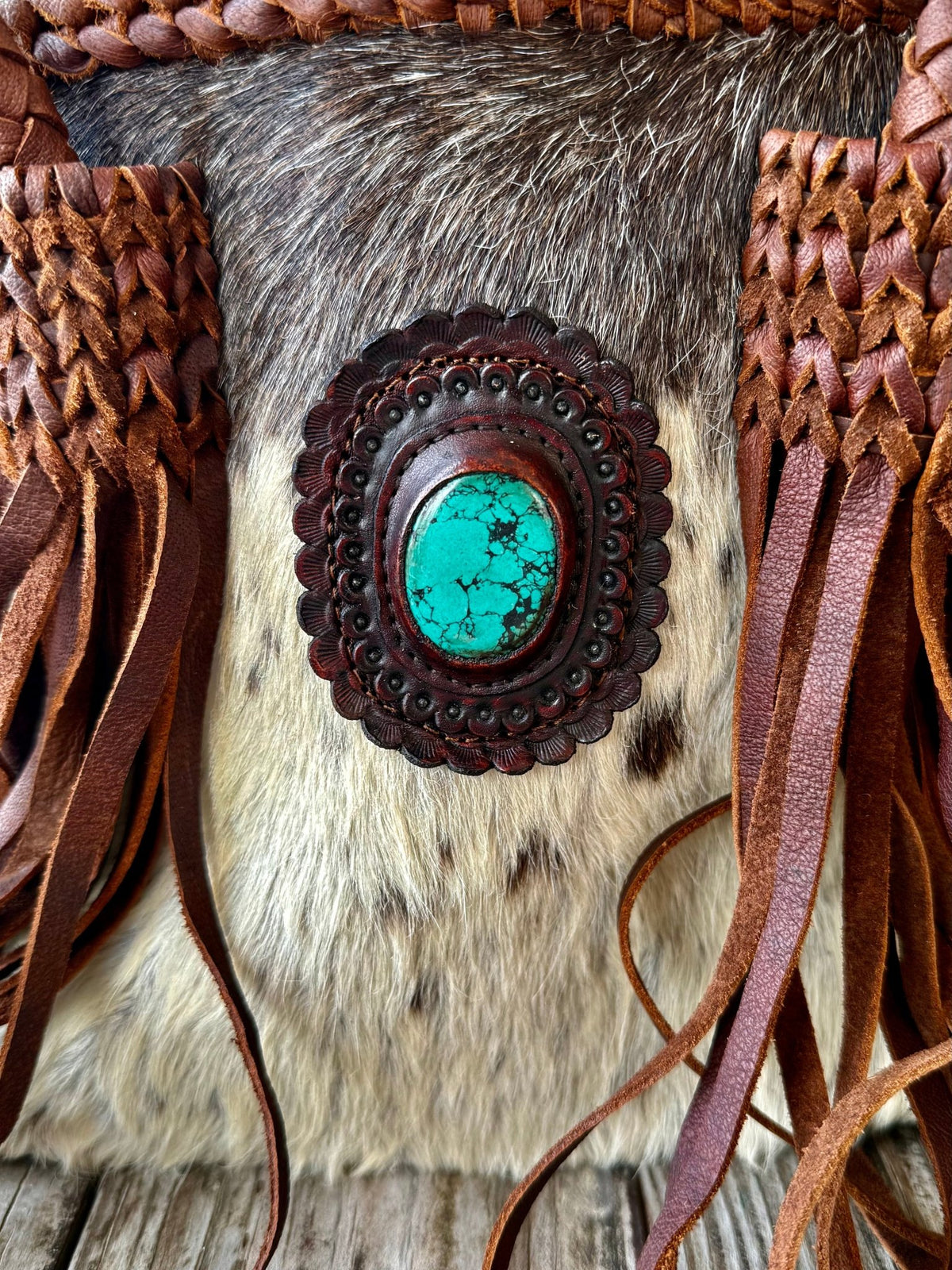 Women's Speckled Hair-On Hide Fringe Tote with Turquoise Concho