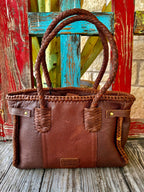 Women's Speckled Hair-On Hide Fringe Tote with Turquoise Concho