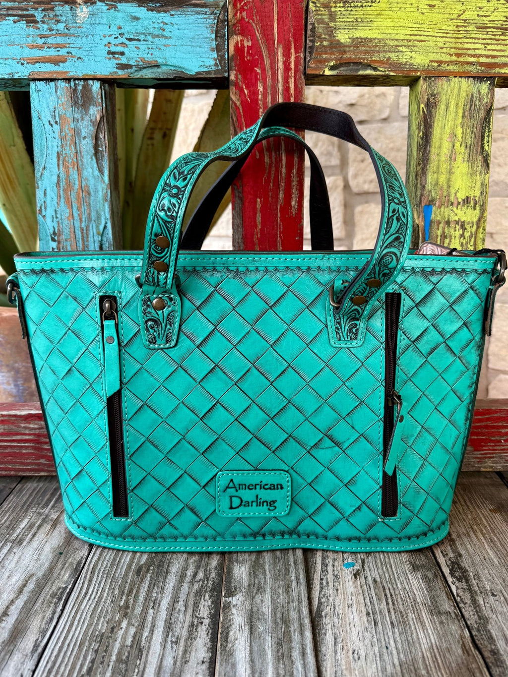 Women's Turquoise Tooled Leather Zip Tote