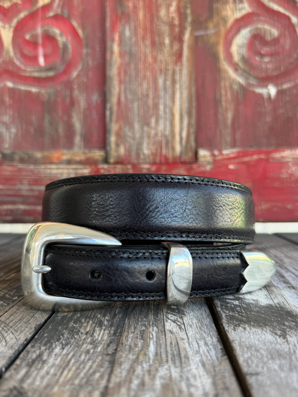 Men's Black Leather Tapered Belt with 3-Piece Silver Buckle Set