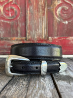 Men's Black Leather Tapered Belt with 3-Piece Silver Buckle Set