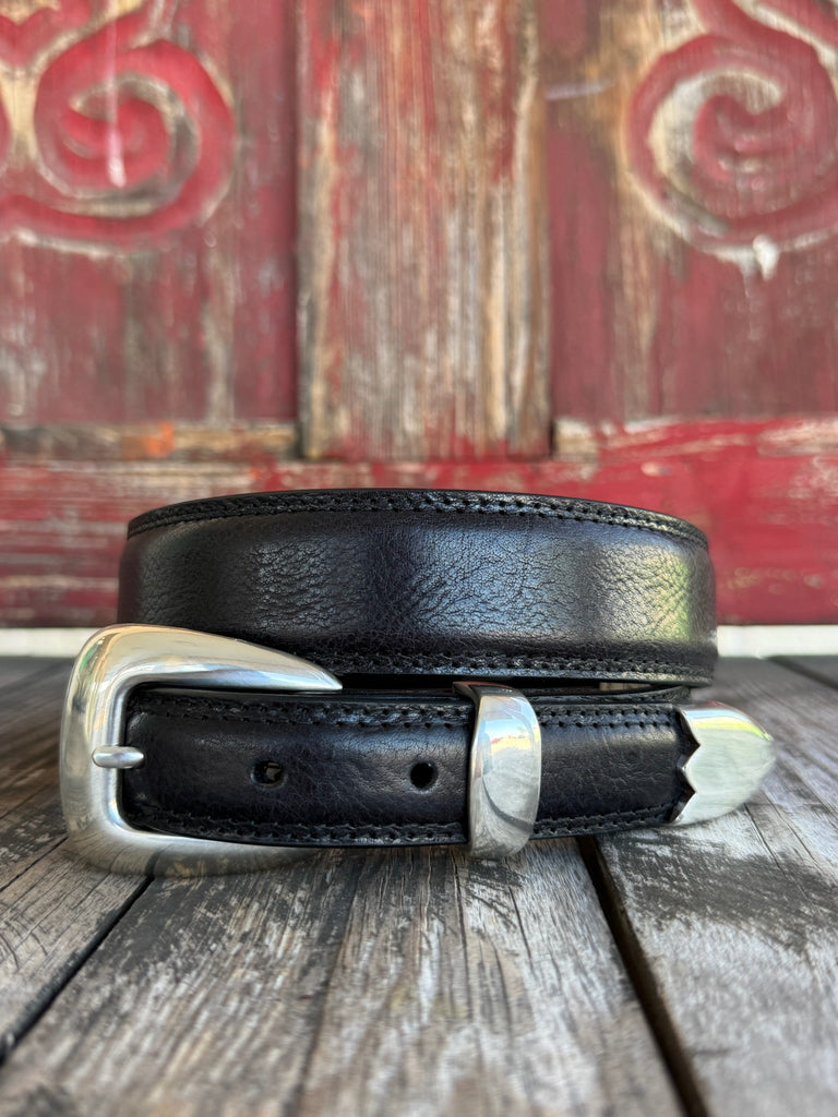 Men's Black Leather Tapered Belt with 3-Piece Silver Buckle Set