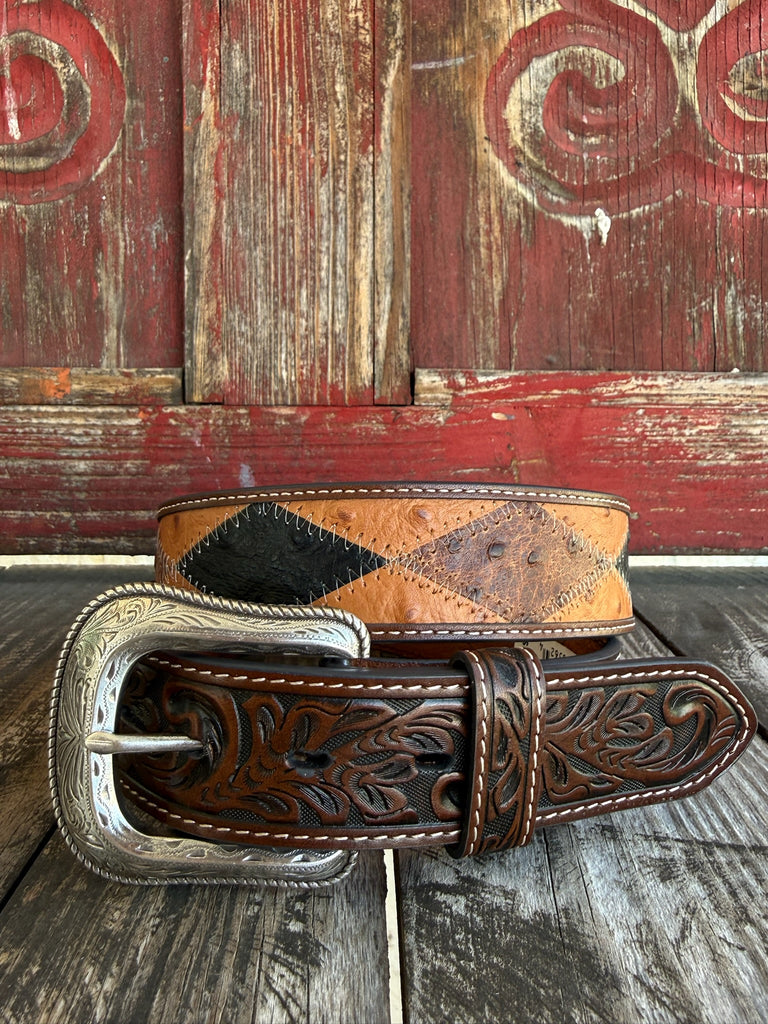 Men's Leather Ostrich Print Patch Western Belt