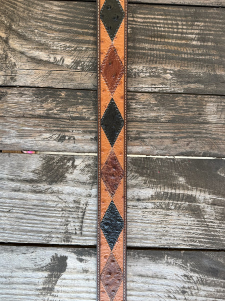 Men's Leather Ostrich Print Patch Western Belt