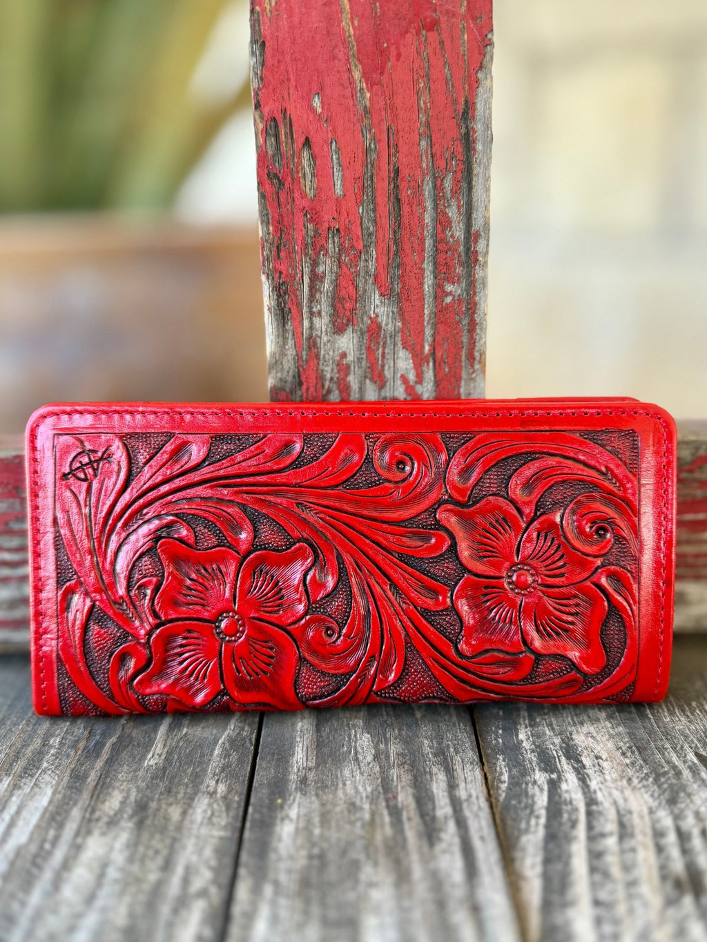 Women's Red Tooled Leather Zip Wallet