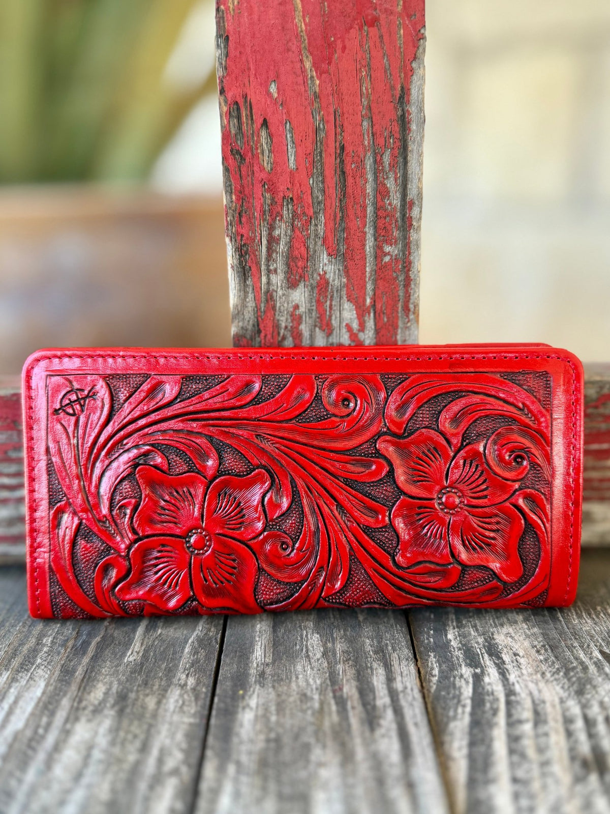 Women's Red Tooled Leather Zip Wallet