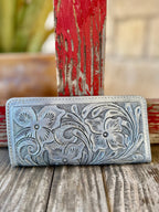 Women's Silver Tooled Leather Zip Wallet