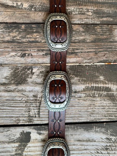 Ladies Floral Tooled Leather Belt with Silver Buckle Set