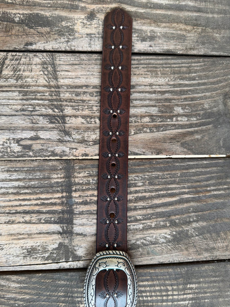 Ladies Floral Tooled Leather Belt with Silver Buckle Set