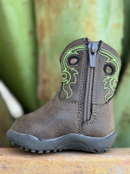 Brown with Lime green stitching Infant Boot -9169003498 - Available at BLAIR'S Western Wear located in Marble Falls TX