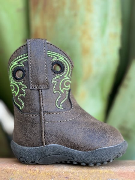 Brown with Lime green stitching Infant Boot -9169003498 - Available at BLAIR'S Western Wear located in Marble Falls TX