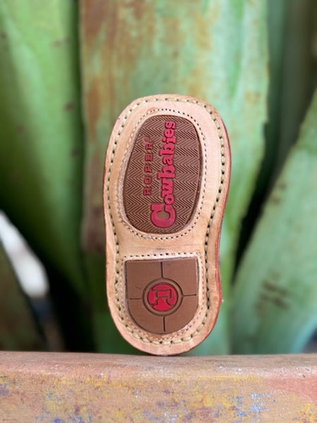 Infant Baby Roper Boot crafted from genuine leather in a classic brown hue with playful lime green accents. They feature a Velcro side closure for easy on and off. The sturdy rubber sole provides the grip and flexibility needed for those first steps.  Infant Roper Boots - 91679128247 - BLAIR'S Western Wear located in Marble Falls TX