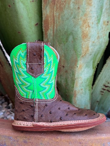 Infant Baby Roper Boot crafted from genuine leather in a classic brown hue with playful lime green accents. They feature a Velcro side closure for easy on and off. The sturdy rubber sole provides the grip and flexibility needed for those first steps.  Infant Roper Boots - 91679128247 - BLAIR'S Western Wear located in Marble Falls TX