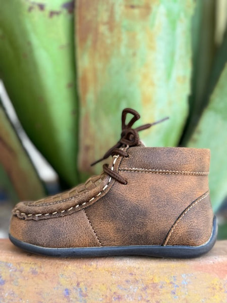Infant Twister chukka style brown boot with patchwork on tongue, and laces - 4410902 - Available at BLAIR'S Western Wear located in Marble Falls TX 
