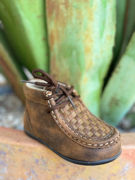 Infant Twister chukka style brown boot with patchwork on tongue, and laces - 4410902 - Available at BLAIR'S Western Wear located in Marble Falls TX 