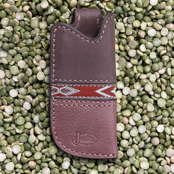  Justin Leather Sheath in brown, premium leather construction with decorative red and silver inlay, with secure snap closure and belt clip - 2005764K9. Available at Blair's Western Wear, Marble Falls, TX.