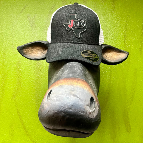 Justin Mesh Trucker Hat in Black/White, features structured heather black front with Texas-shaped logo patch, with breathable white mesh back for ventilation - JCBC734. Available at Blair's Western Wear, Marble Falls, TX.