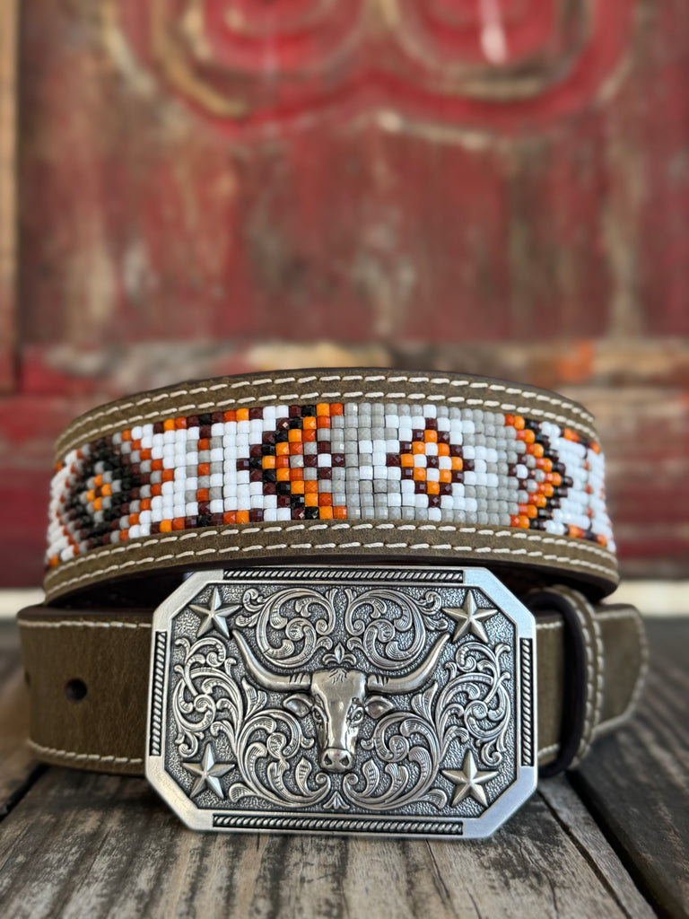 M & F Western Kids Belt in beige, intricately designed antique silver buckle with a steer head, hand-beaded Aztec pattern in orange, white, and black - D120003402. Available at Blair's Western Wear, Marble Falls, TX.