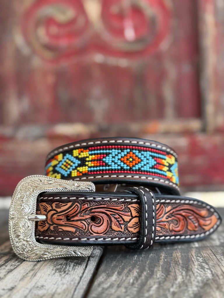 Kid's Aztec Beaded Two-Tone Tooled Leather Belt - XIBB100K - Two-tone leather with tooled ends and vibrant multicolor Aztec beadwork. Finished with a classic etched buckle. Available at BLAIR'S Western Wear located in Marble Falls TX