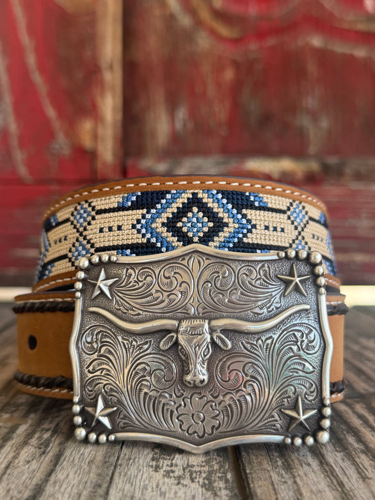 M & F Western Kids' Belt in Brown, genuine leather with KD Aztec inlay embroidery, featuring an antique silver buckle with longhorn design - D120003002. Available at Blair's Western Wear, Marble Falls, TX.