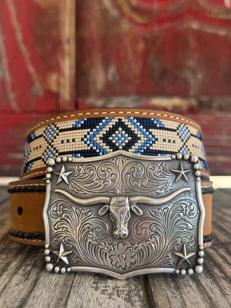 M & F Western Kids' Belt in Brown, genuine leather with KD Aztec inlay embroidery, featuring an antique silver buckle with longhorn design - D120003002. Available at Blair's Western Wear, Marble Falls, TX.