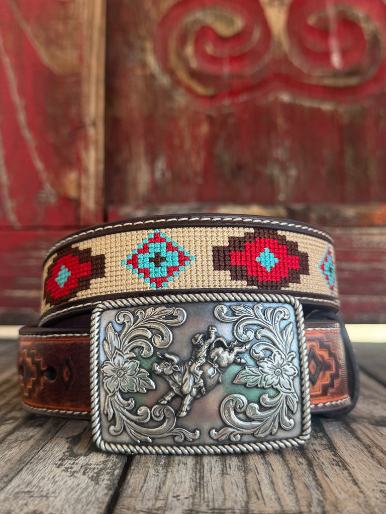 Kid's Aztec & Tooled Leather Belt with Etched Buckle - D120002008 - Blair's Western Wear Marble Falls, TX 