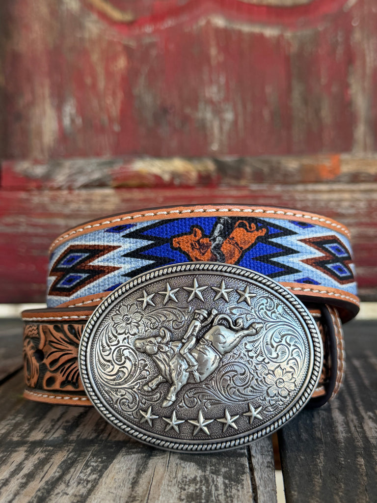 Boys' M & F Aztec Bull Belt in brown and blue, high-quality leather blend with floral embossed design and bull rider buckle - D120003927. Available at Blair's Western Wear, Marble Falls, TX.