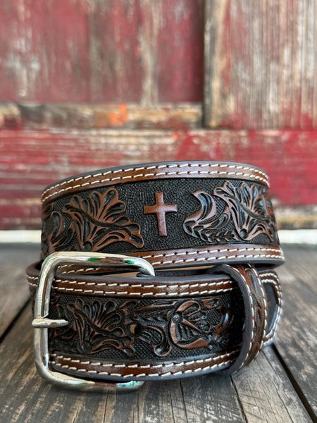 Leather Western belt featuring a hand-tooled floral pattern with a textured black background and a centered cross design. Finished with double white contrast stitching, matching leather keeper, and a polished silver roller buckle. Built for everyday wear with durable leather construction and classic Western craftsmanship.

Available at Blairs' Western Wear, located in Marble Falls.