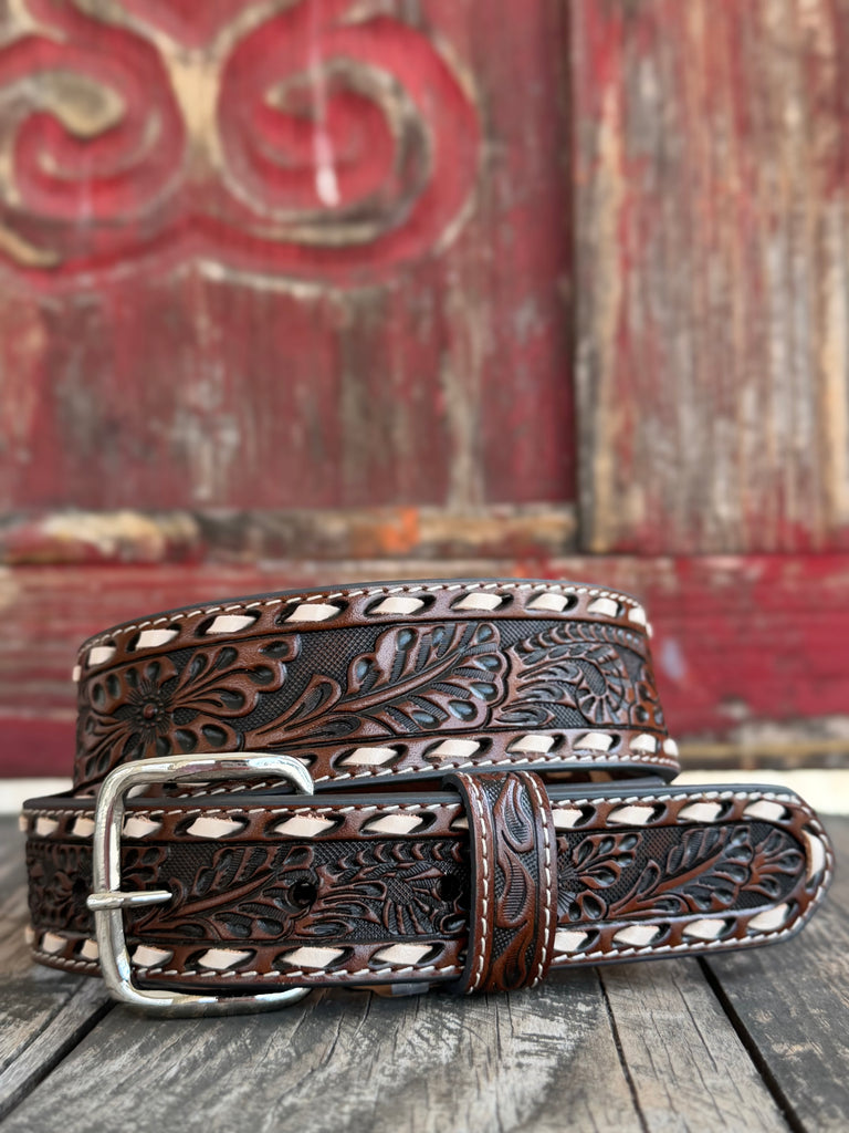 Kid's  Western Tooled Leather Belt in Brown, with scrolling floral embossing and edge lacing, featuring a removable silver horse‑head buckle - 166. Available at Blair's Western Wear, Marble Falls, TX.