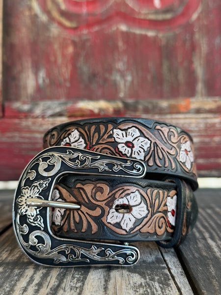 Kids' M&F Western Leather Belt in black and brown, hand-tooled floral design, antique silver buckle - N44434107. Available at Blair's Western Wear, Marble Falls, TX.