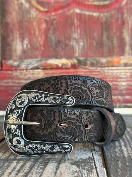 Girls Ariat Accessories Brown Belt in brown, crafted from 100% leather, features a stylish laser-cut paisley design with an antique silver finish floral buckle - A1308602. Available at Blair's Western Wear, Marble Falls, TX.