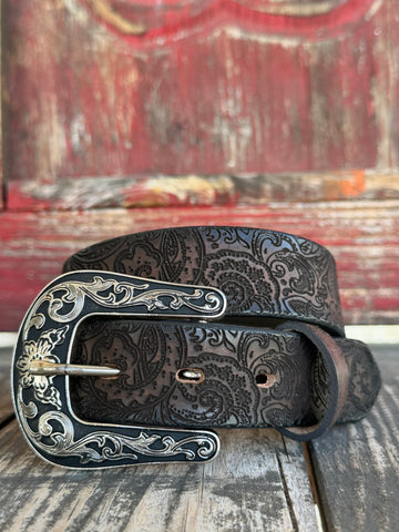 Girls Ariat Accessories Brown Belt in brown, crafted from 100% leather, features a stylish laser-cut paisley design with an antique silver finish floral buckle - A1308602. Available at Blair's Western Wear, Marble Falls, TX.