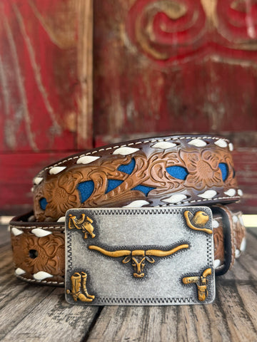 Kid's Tooled Leather Belt with Etched Buckle - D120002202 - Blair's Western Wear Marble Falls, TX 