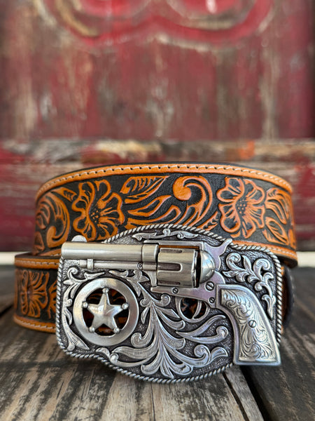 Kids Tool Belt, Pistol Buckle in peanut brown, expertly crafted with distinctive pistol-shaped buckle - C30124. Available at Blair's Western Wear, Marble Falls, TX.