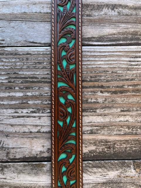 Kid's Turquoise Tooled Overlay Leather Belt - N4439033 - Rich turquoise leather with a chocolate tooled leather overlay and a filigreed silver cowboy buckle. Available at BLAIR'S Western Wear located in Marble Falls  TX 