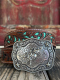Kid's Turquoise Tooled Overlay Leather Belt - N4439033 - Rich turquoise leather with a chocolate tooled leather overlay and a filigreed silver cowboy buckle. Available at BLAIR'S Western Wear located in Marble Falls  TX 