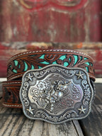 Kid's Turquoise Tooled Overlay Leather Belt - N4439033 - Rich turquoise leather with a chocolate tooled leather overlay and a filigreed silver cowboy buckle. Available at BLAIR'S Western Wear located in Marble Falls  TX 