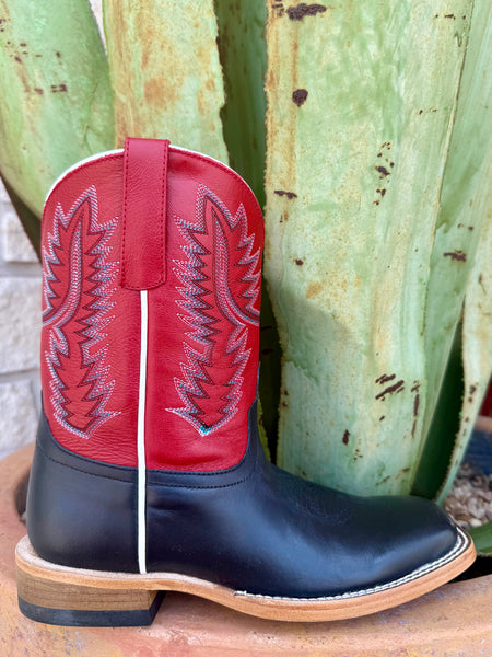 Kids Anderson Bean Roper Boot in black/red leather, built from full-grain leather that molds to the foot, with a leather outsole and square toe for comfort – HPK8080. Available at Blair's Western Wear, Marble Falls, TX.