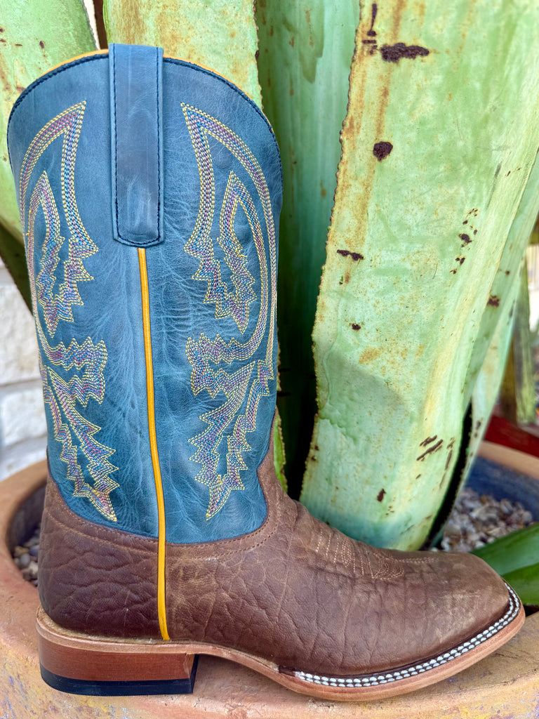 Kids Anderson Bean Western Boot in natural bison with sky blue shaft, wide square toe for added comfort, and leather outsole for a traditional feel – ABK5003. Available at Blair's Western Wear, Marble Falls, TX.