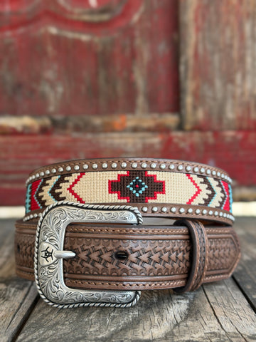 Kid's Tooled Leather Belt with Studs and Woven Aztec Design - A1307108 - Blair's Western Wear Marble Falls, TX 