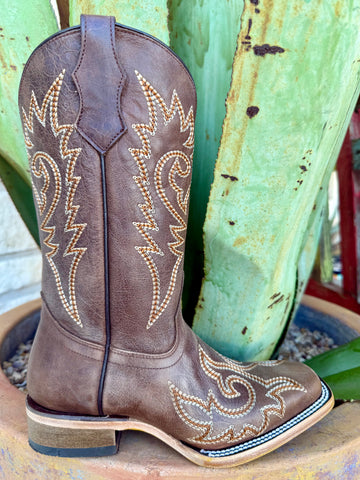 Kids Corral western boot leather square toe in brown, with flame embroidery on the shaft and durable double-stitched welt construction for lasting wear – T0238. Available at Blair’s Western Wear, Marble Falls, TX.