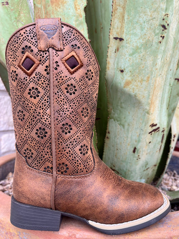 Kids' M&F Western Footwear Boot in tan, featuring a laser-cut design and moisture-management lining - 443009602. Available at Blair's Western Wear, Marble Falls, TX.