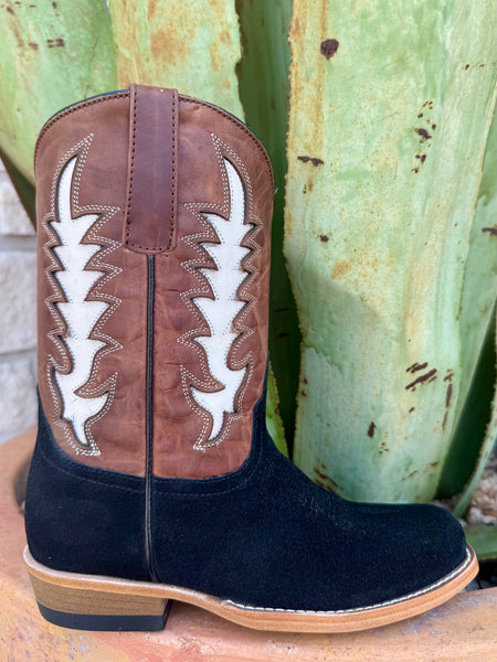 Kids' Macie Bean Western Snip Toe Boot in Black and Brown, crafted from premium suede, with a leather outsole and pull straps for easy wear – MK9523. Available at Blair's Western Wear, Marble Falls, TX.