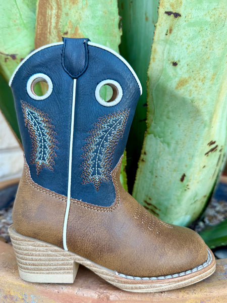 Kids Roper western faux-leather square toe boot in tan and light blue, with large pull holes and a flexible rubber outsole – 9189103638. Available at Blair's Western Wear, Marble Falls, TX.