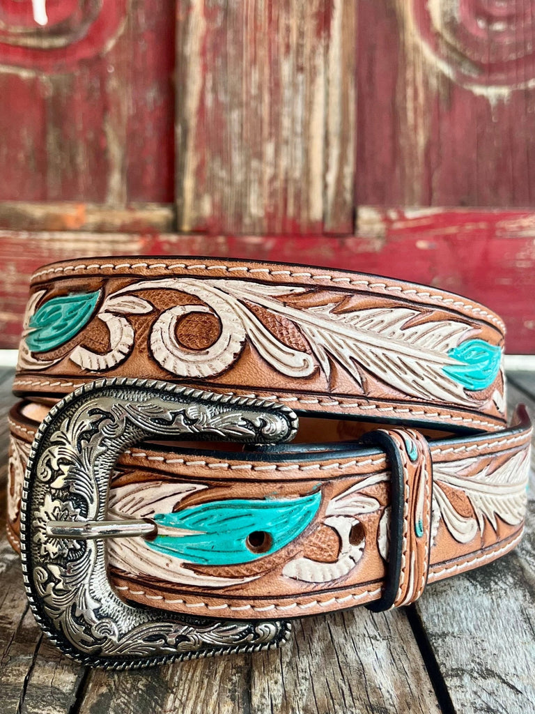 Ladies' Tan/Turquoise Feather Belt ADBLF107 Blairs Western