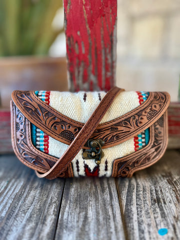 Ladies American Darling Clutch Blanket Tooled Leather Clutch in Turquoise/Brown/Red, handwoven wool blanket body for lightweight carry, with hand-tooled leather trim and antique brass turn-lock closure - ADBG829G. Available at Blair's Western Wear, Marble Falls, TX.