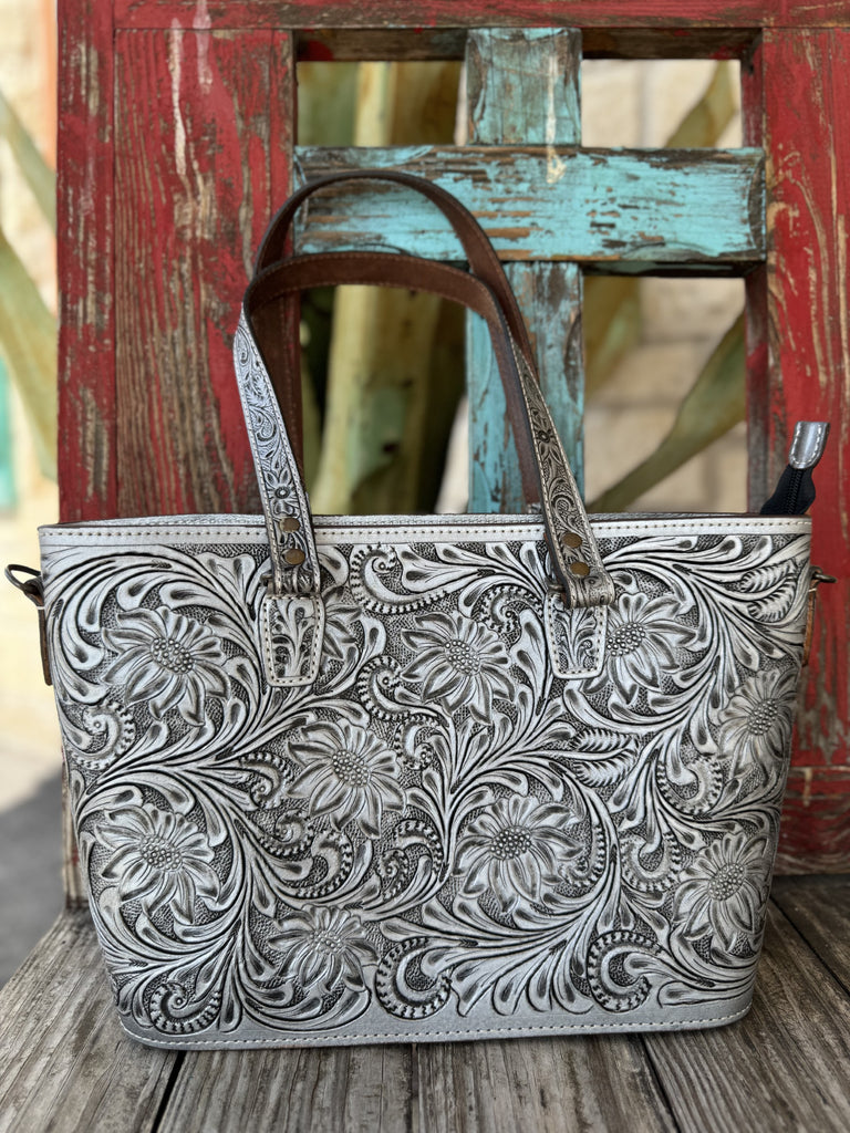 Ladies American Darling Purse Silver Floral Tooled Leather Tote in silver and brown, hand-tooled floral front with quilted leather back and removable strap - ADBG1141F. Available at Blair's Western Wear, Marble Falls, TX.